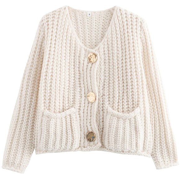 Sweaters - Cropped Cardigan Sweater Chunky Knit Open Front Button Down Y2K Chic